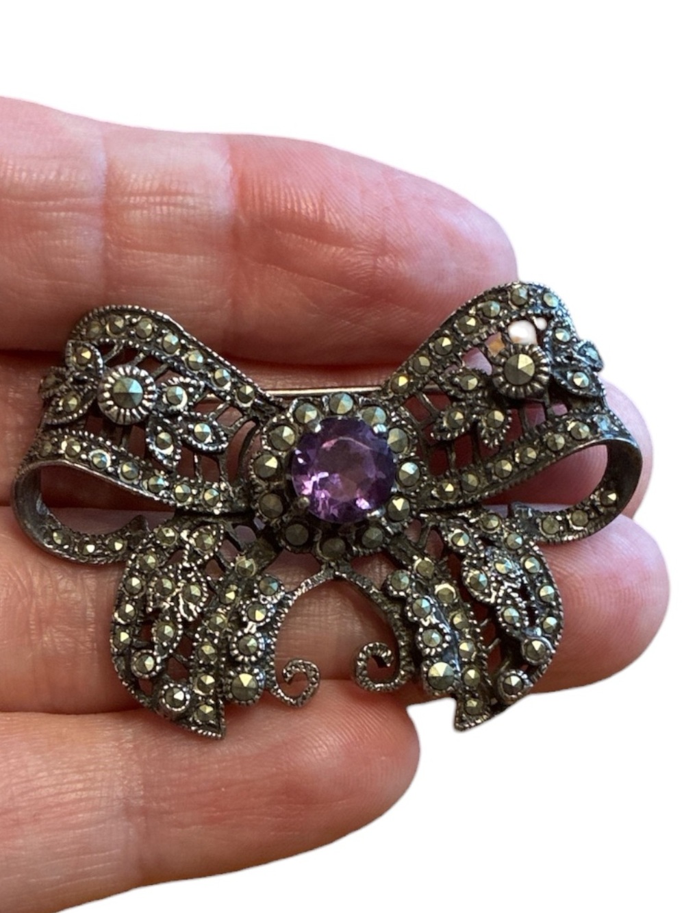 Vintage Amethyst & Marcasite Sterling Silver Bow Brooch